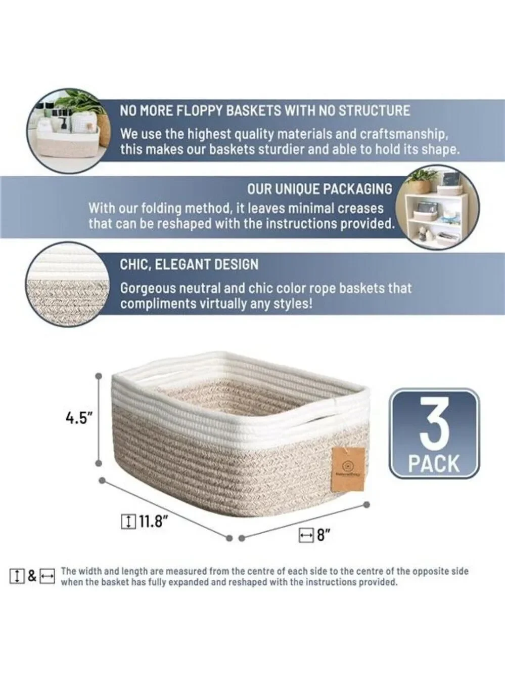 Cotton Rope Storage Baskets Set of 3 Small Woven Organizer Bins for Shelves